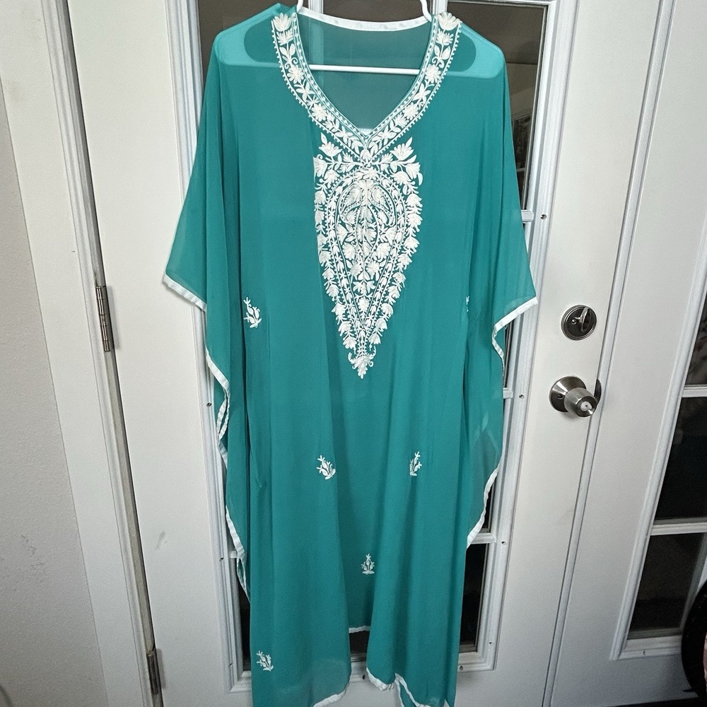 Teal Chiffon Embroidered Kaftan One Size Maxi Floral Boho Beach Cover Up Belted